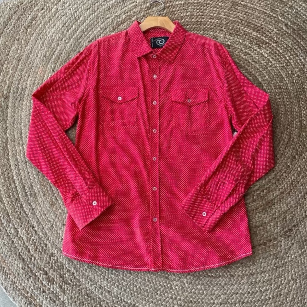 Red and white dotted button up shirt